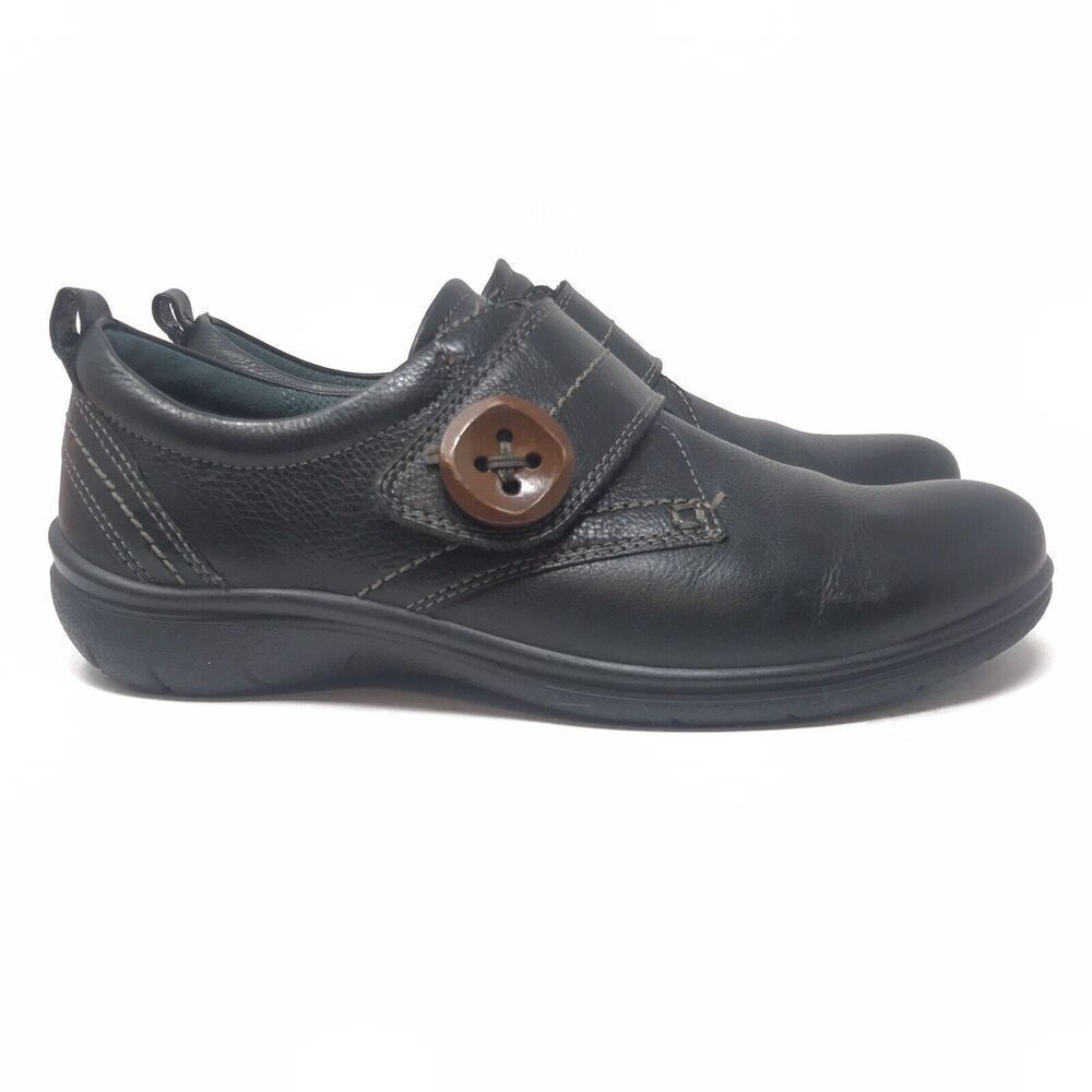 Ecco Women Clay Monk Strap Slip On Black Leather Flats Size 37 6-6.5 Comfort
